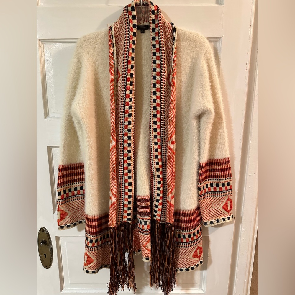 MAXSPORT EUC Long Sweater Duster Cardigan Bohemian Boho Fringe Womens Medium